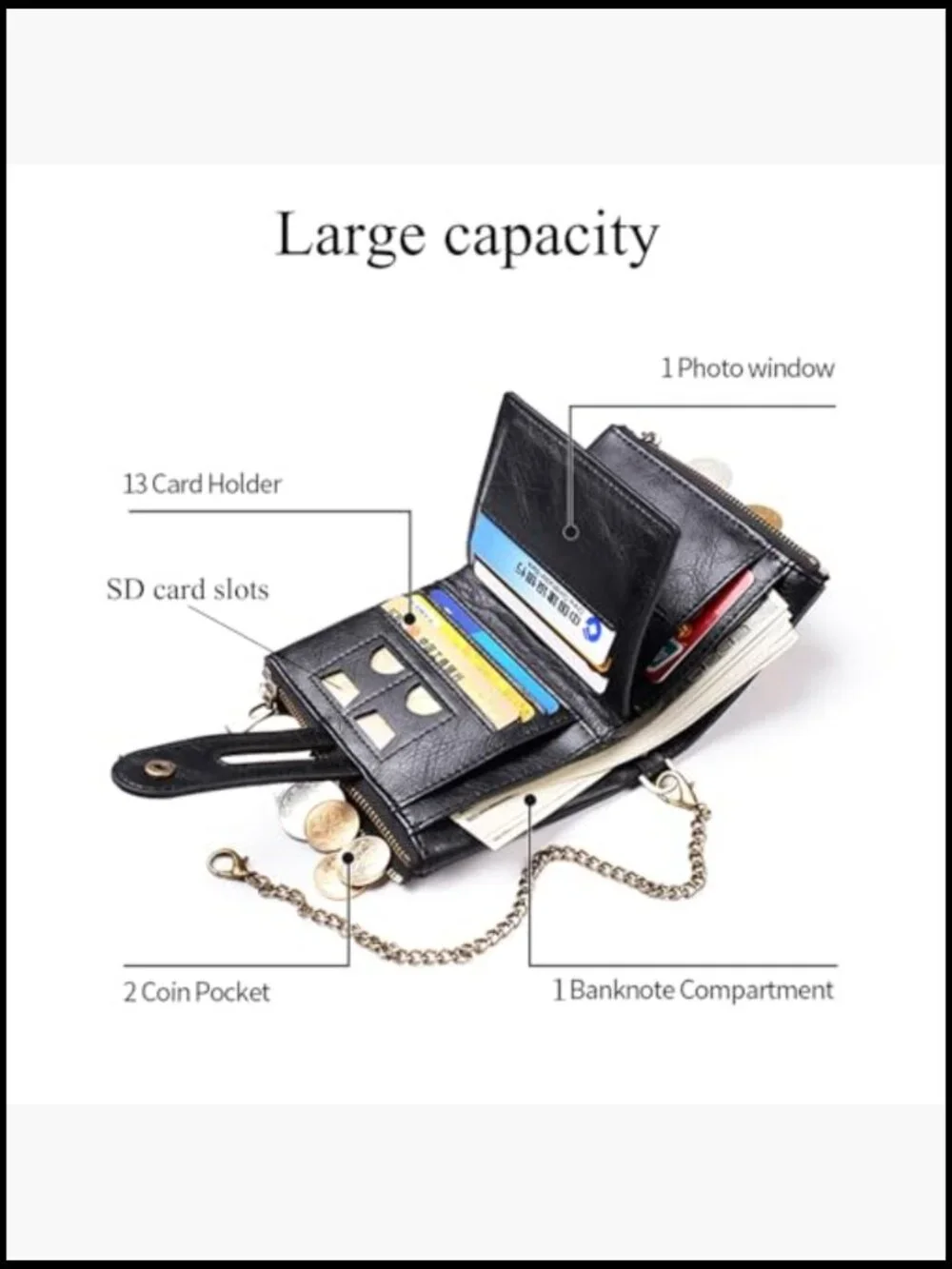 Bi-Fold Wallet with Chain RFID Blocking Faux Leather Men's Zipper Coin Purse